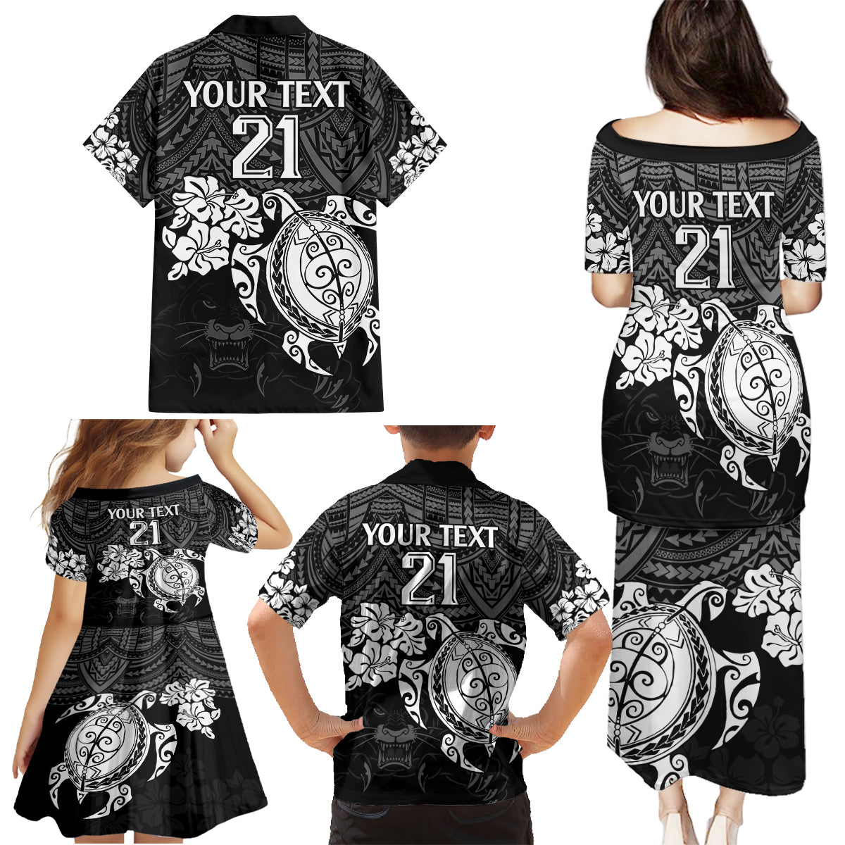 custom-panthers-rugby-family-matching-puletasi-dress-and-hawaiian-shirt-penrith-hibiscus-and-turtle-with-polynesian-pattern