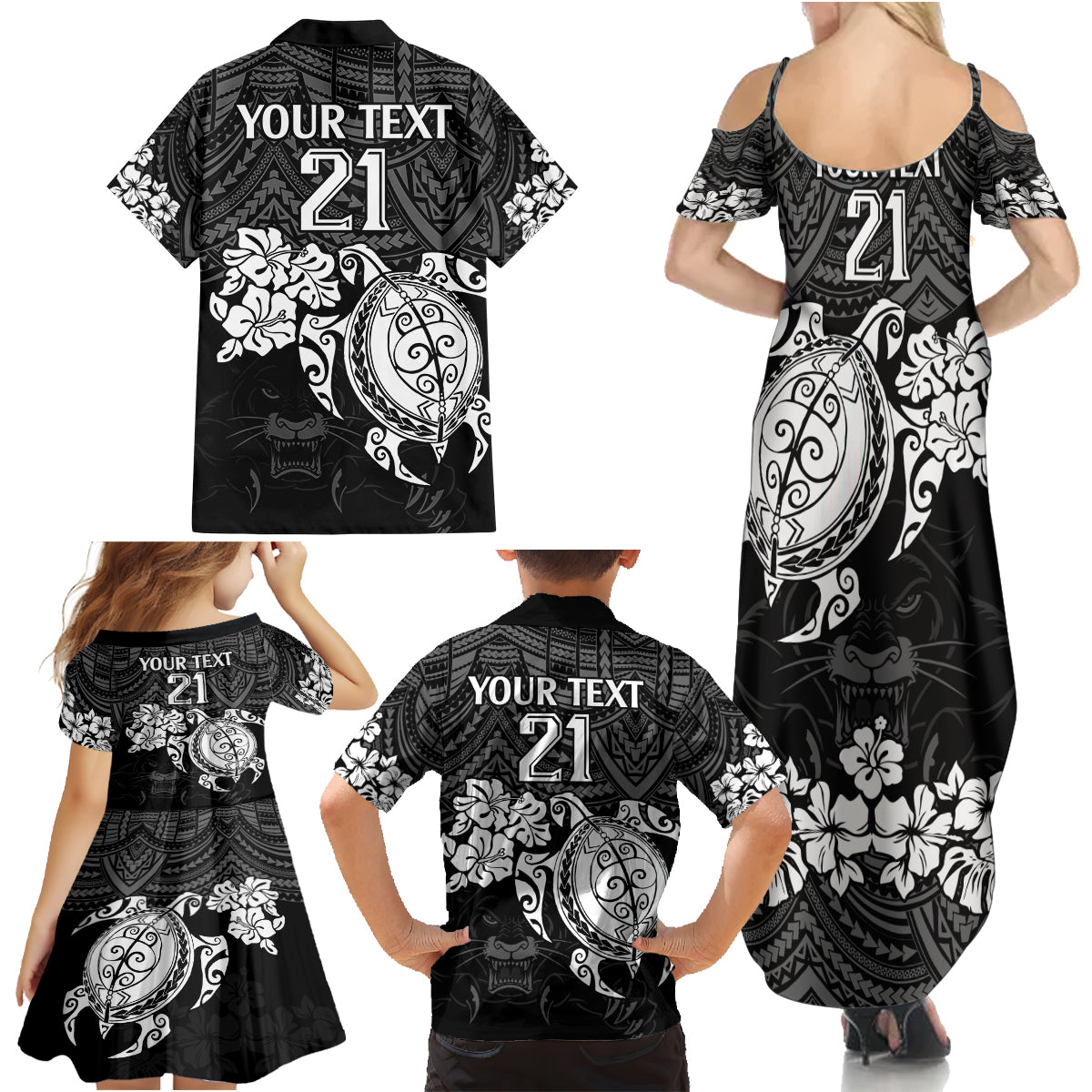 custom-panthers-rugby-family-matching-summer-maxi-dress-and-hawaiian-shirt-penrith-hibiscus-and-turtle-with-polynesian-pattern