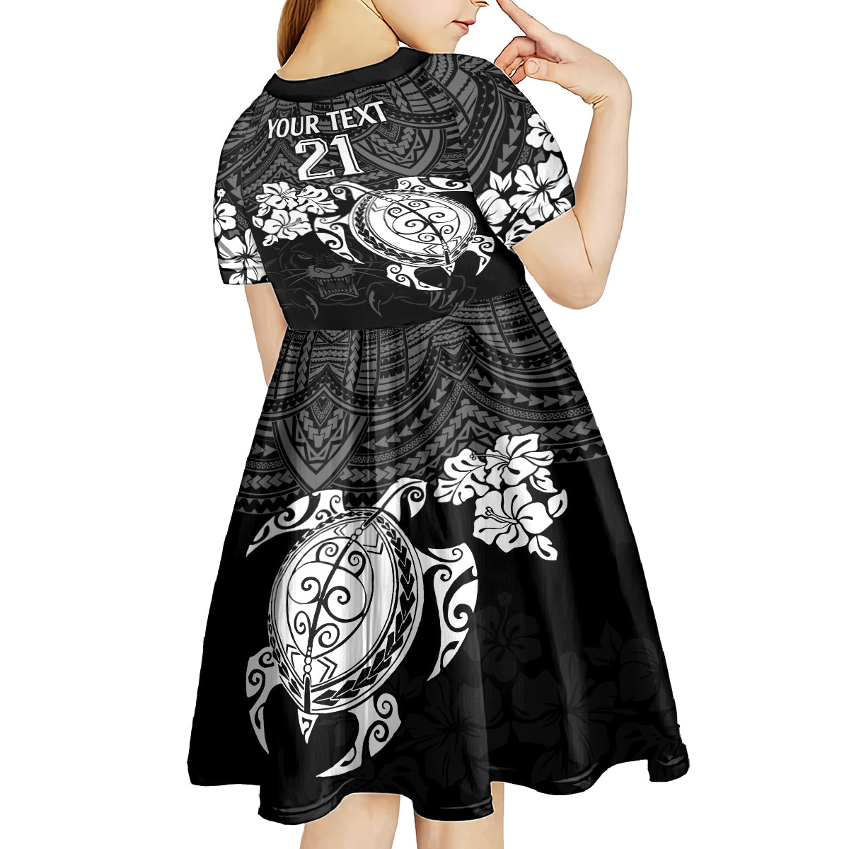 custom-panthers-rugby-kid-short-sleeve-dress-penrith-hibiscus-and-turtle-with-polynesian-pattern
