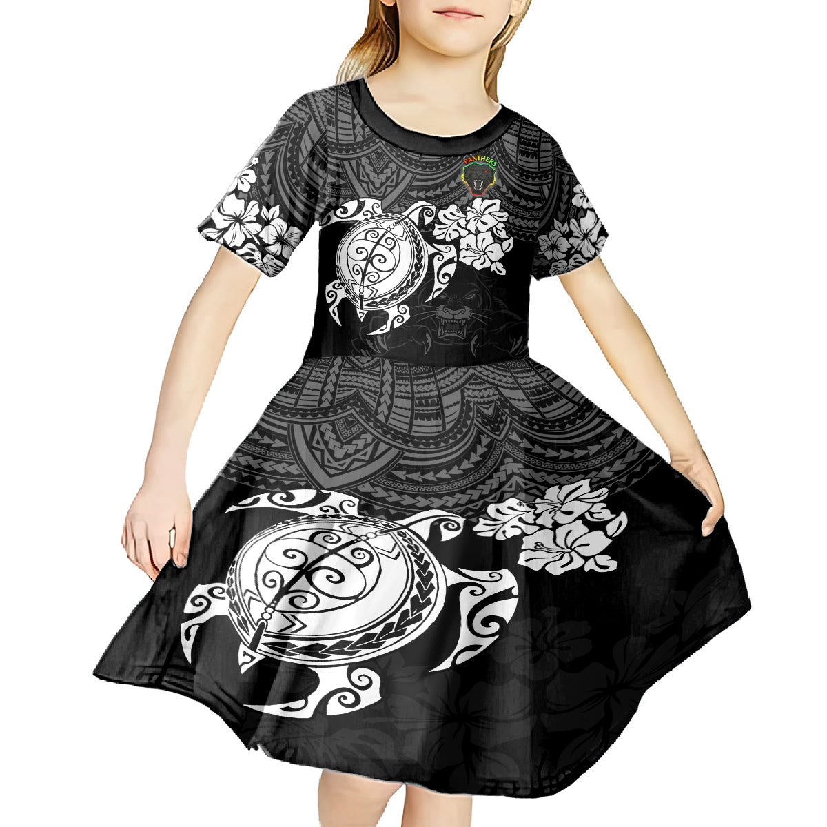 custom-panthers-rugby-kid-short-sleeve-dress-penrith-hibiscus-and-turtle-with-polynesian-pattern