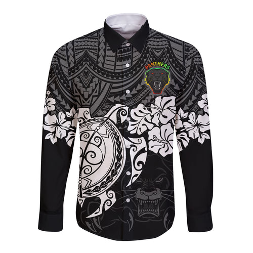 custom-panthers-rugby-long-sleeve-button-shirt-penrith-hibiscus-and-turtle-with-polynesian-pattern