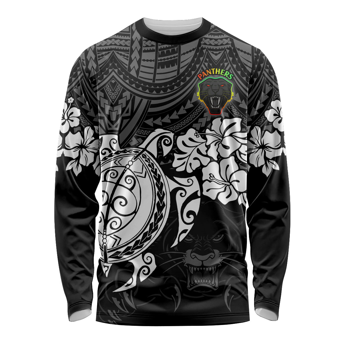 custom-panthers-rugby-long-sleeve-shirt-penrith-hibiscus-and-turtle-with-polynesian-pattern