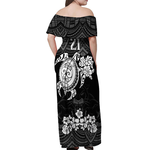 custom-panthers-rugby-off-shoulder-maxi-dress-penrith-hibiscus-and-turtle-with-polynesian-pattern