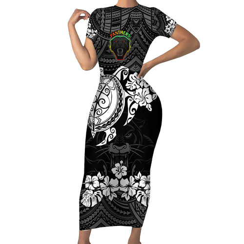 custom-panthers-rugby-short-sleeve-bodycon-dress-penrith-hibiscus-and-turtle-with-polynesian-pattern
