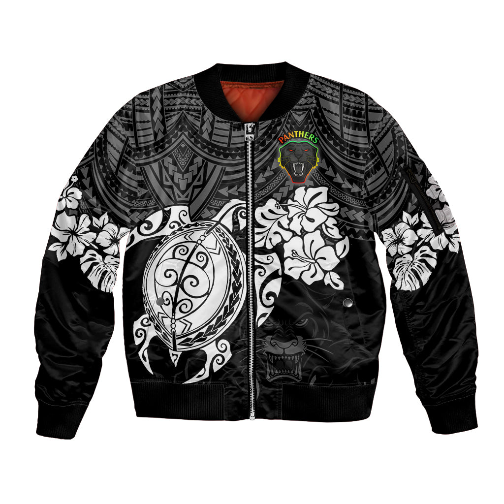 custom-panthers-rugby-sleeve-zip-bomber-jacket-penrith-hibiscus-and-turtle-with-polynesian-pattern