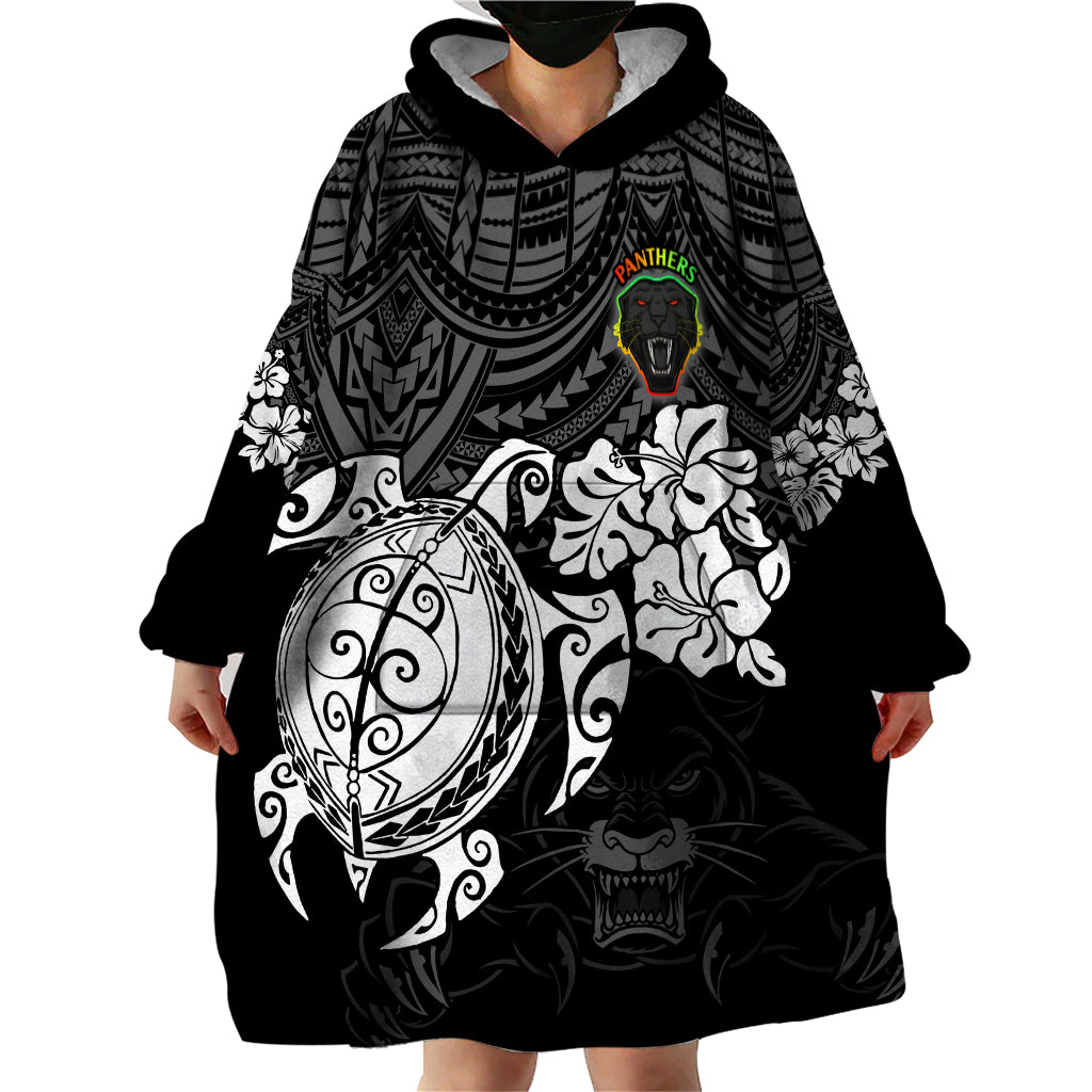 custom-panthers-rugby-wearable-blanket-hoodie-penrith-hibiscus-and-turtle-with-polynesian-pattern