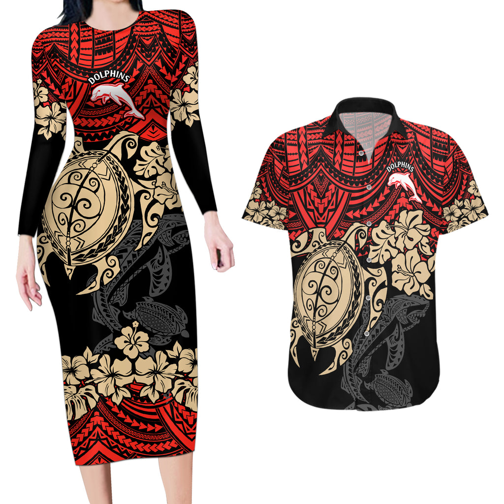 custom-dolphins-rugby-couples-matching-long-sleeve-bodycon-dress-and-hawaiian-shirt-reddy-hibiscus-and-turtle-with-polynesian-pattern