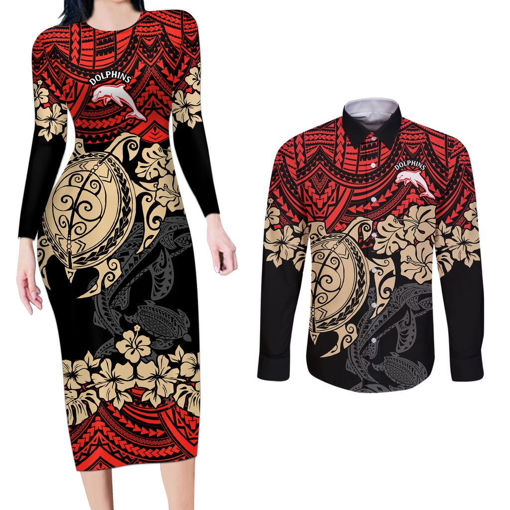 custom-dolphins-rugby-couples-matching-long-sleeve-bodycon-dress-and-long-sleeve-button-shirt-reddy-hibiscus-and-turtle-with-polynesian-pattern