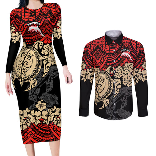 custom-dolphins-rugby-couples-matching-long-sleeve-bodycon-dress-and-long-sleeve-button-shirt-reddy-hibiscus-and-turtle-with-polynesian-pattern