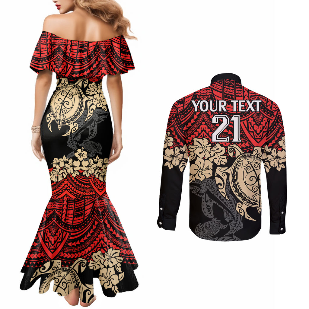 custom-dolphins-rugby-couples-matching-mermaid-dress-and-long-sleeve-button-shirt-reddy-hibiscus-and-turtle-with-polynesian-pattern