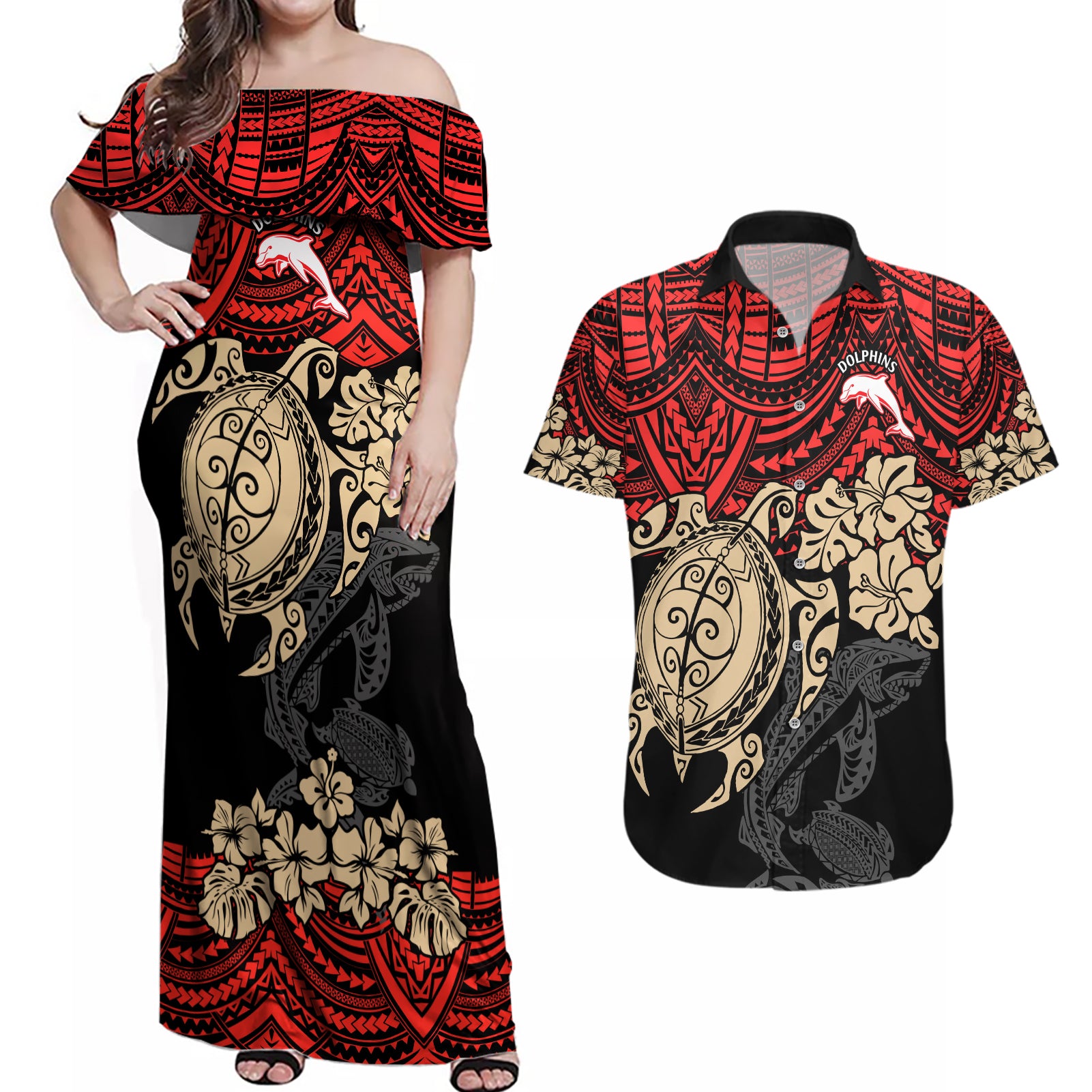 custom-dolphins-rugby-couples-matching-off-shoulder-maxi-dress-and-hawaiian-shirt-reddy-hibiscus-and-turtle-with-polynesian-pattern