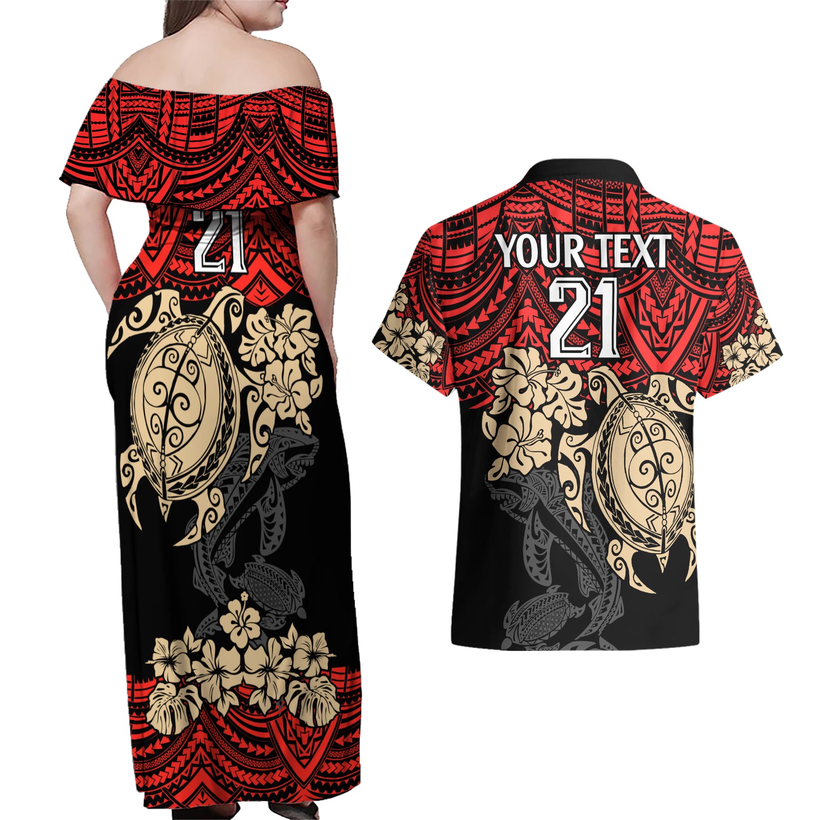 custom-dolphins-rugby-couples-matching-off-shoulder-maxi-dress-and-hawaiian-shirt-reddy-hibiscus-and-turtle-with-polynesian-pattern