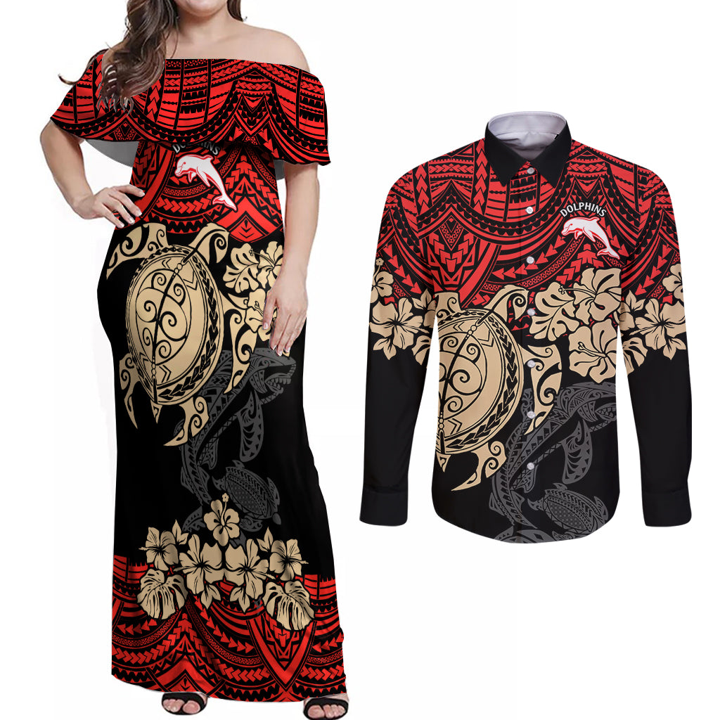 custom-dolphins-rugby-couples-matching-off-shoulder-maxi-dress-and-long-sleeve-button-shirt-reddy-hibiscus-and-turtle-with-polynesian-pattern