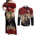 custom-dolphins-rugby-couples-matching-off-shoulder-maxi-dress-and-long-sleeve-button-shirt-reddy-hibiscus-and-turtle-with-polynesian-pattern