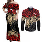 custom-dolphins-rugby-couples-matching-off-shoulder-maxi-dress-and-long-sleeve-button-shirt-reddy-hibiscus-and-turtle-with-polynesian-pattern