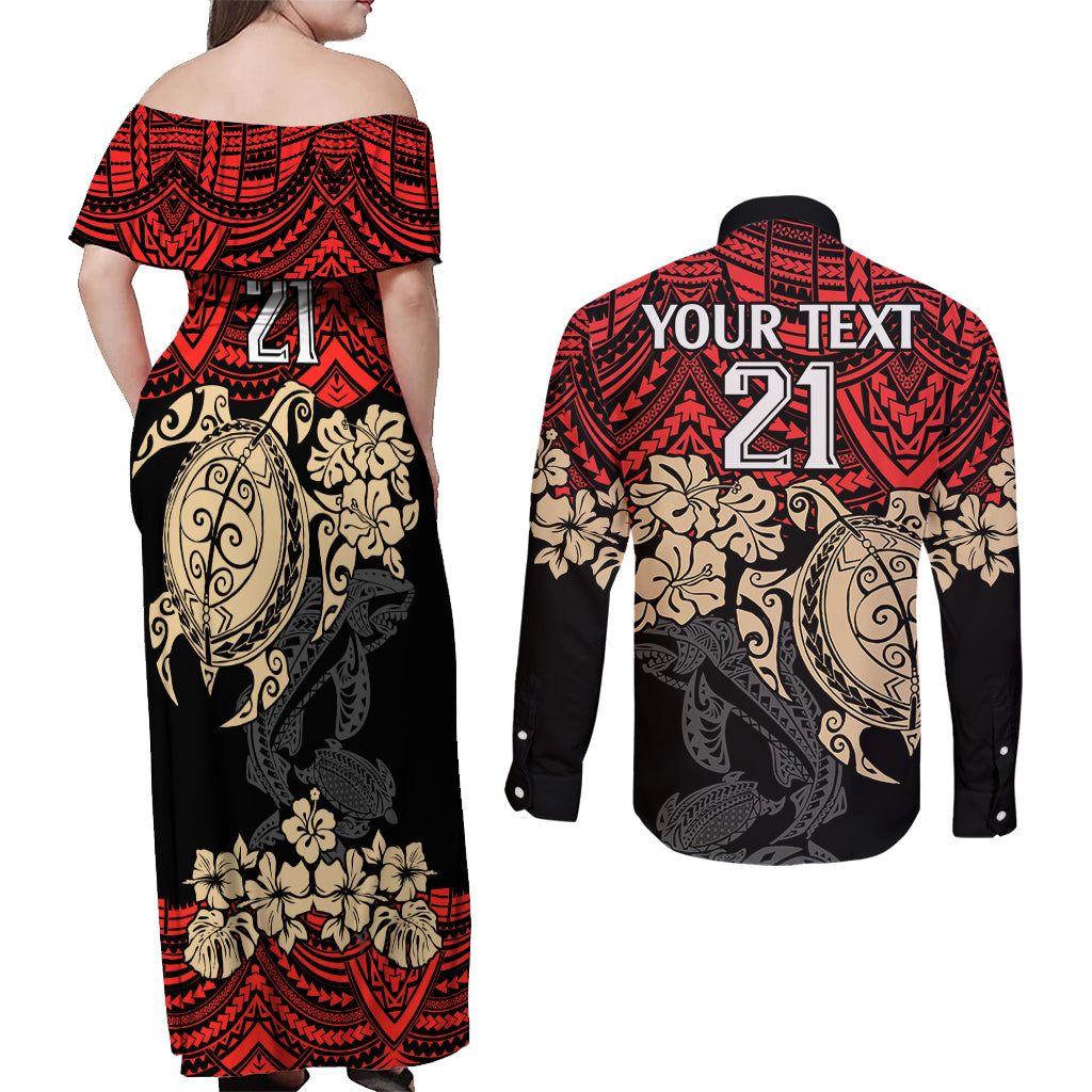 custom-dolphins-rugby-couples-matching-off-shoulder-maxi-dress-and-long-sleeve-button-shirt-reddy-hibiscus-and-turtle-with-polynesian-pattern