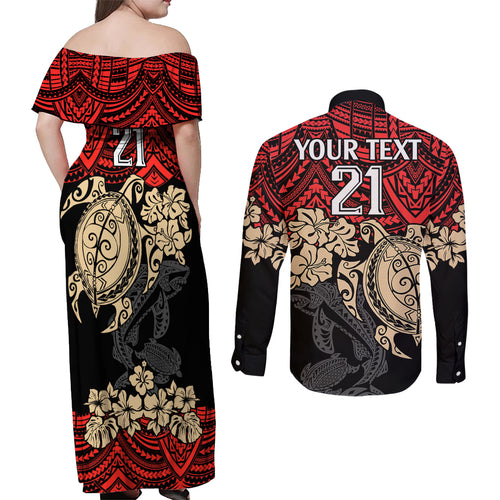 custom-dolphins-rugby-couples-matching-off-shoulder-maxi-dress-and-long-sleeve-button-shirt-reddy-hibiscus-and-turtle-with-polynesian-pattern