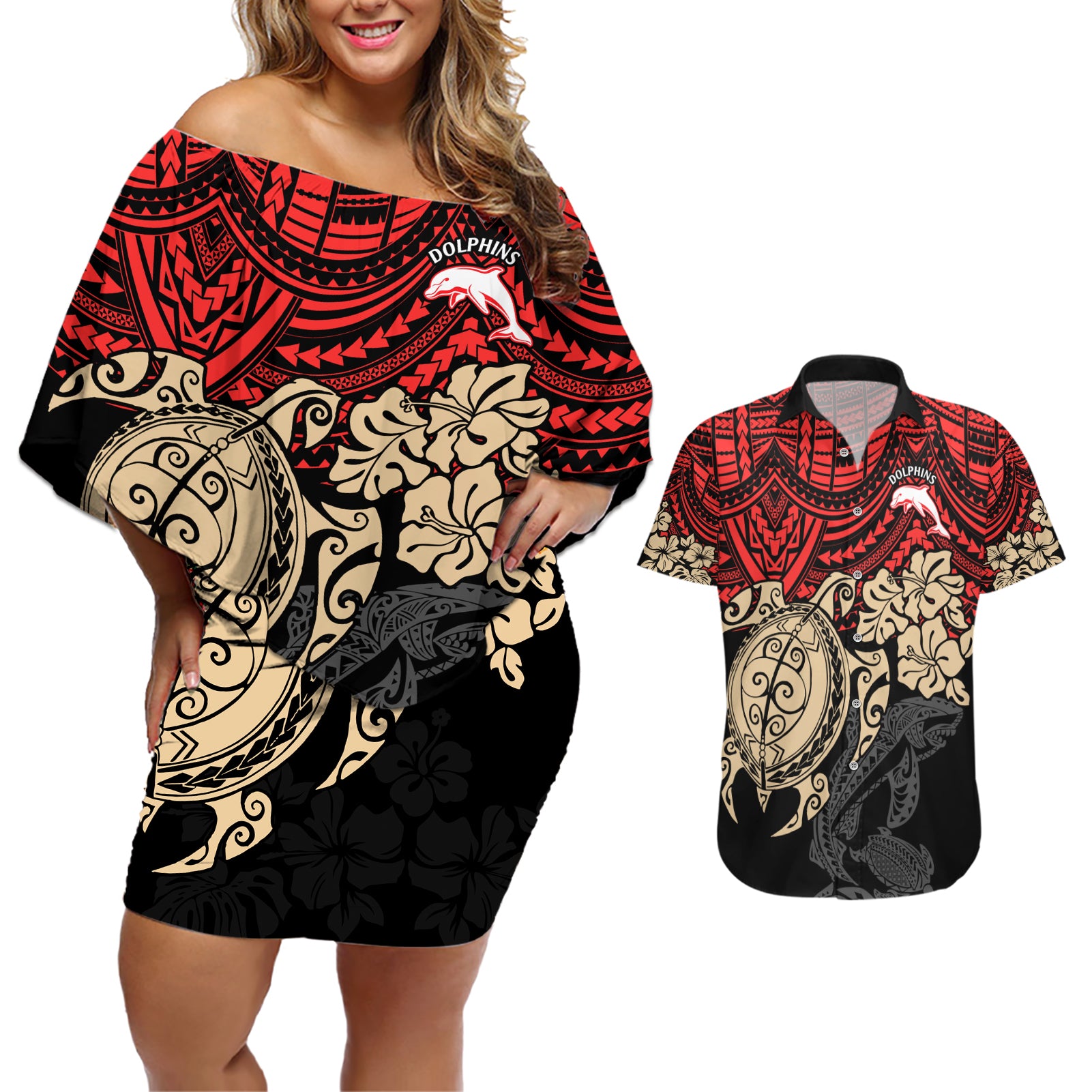 custom-dolphins-rugby-couples-matching-off-shoulder-short-dress-and-hawaiian-shirt-reddy-hibiscus-and-turtle-with-polynesian-pattern