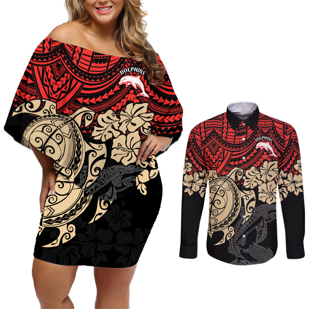 custom-dolphins-rugby-couples-matching-off-shoulder-short-dress-and-long-sleeve-button-shirt-reddy-hibiscus-and-turtle-with-polynesian-pattern