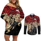 custom-dolphins-rugby-couples-matching-off-shoulder-short-dress-and-long-sleeve-button-shirt-reddy-hibiscus-and-turtle-with-polynesian-pattern