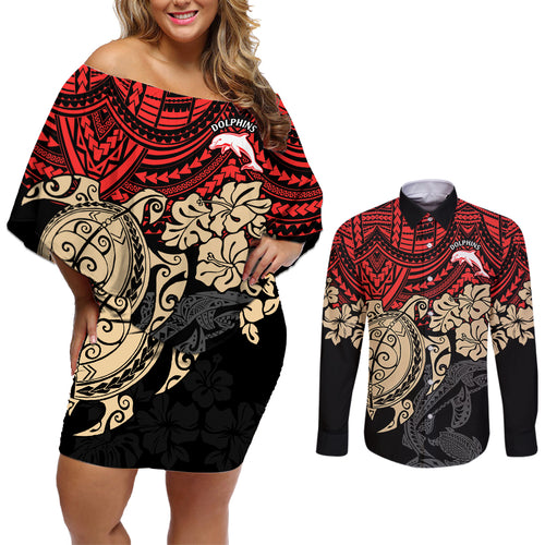 custom-dolphins-rugby-couples-matching-off-shoulder-short-dress-and-long-sleeve-button-shirt-reddy-hibiscus-and-turtle-with-polynesian-pattern