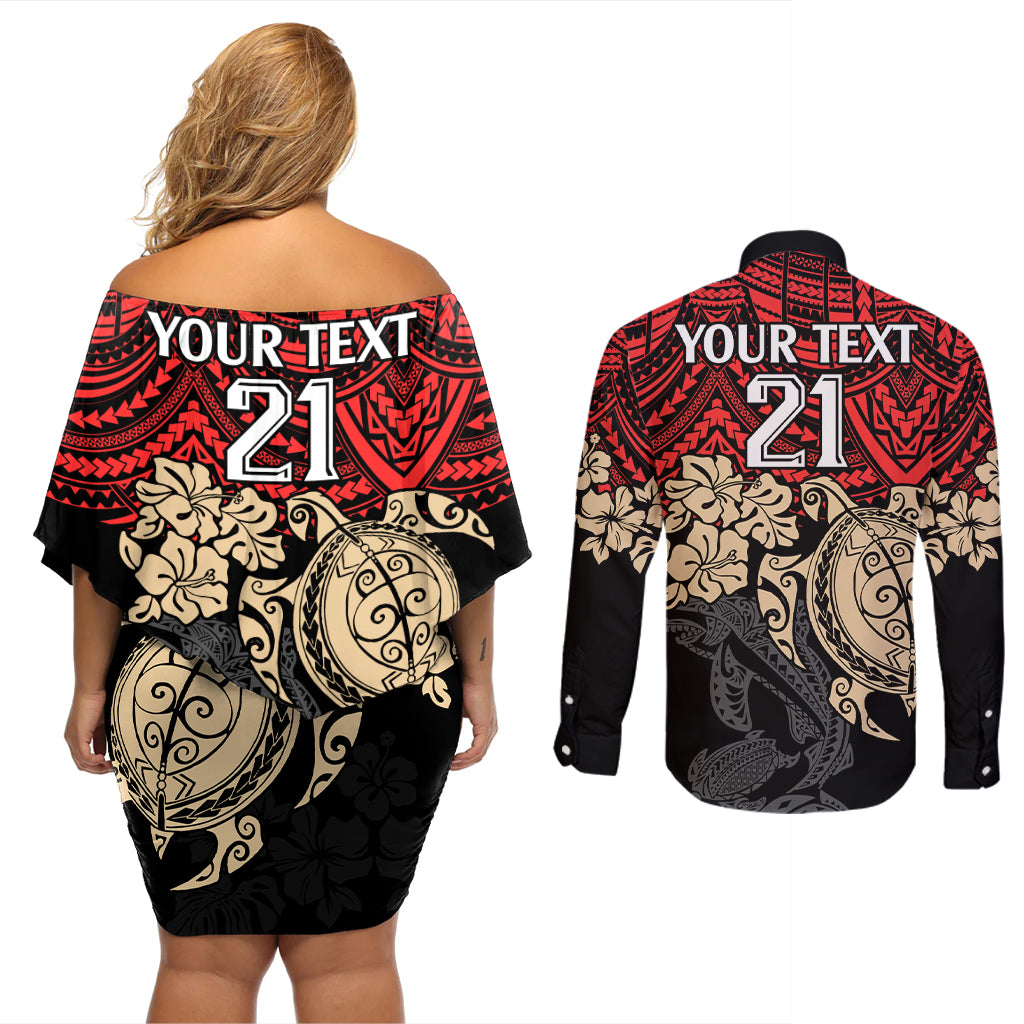 custom-dolphins-rugby-couples-matching-off-shoulder-short-dress-and-long-sleeve-button-shirt-reddy-hibiscus-and-turtle-with-polynesian-pattern