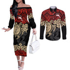 custom-dolphins-rugby-couples-matching-off-the-shoulder-long-sleeve-dress-and-long-sleeve-button-shirt-reddy-hibiscus-and-turtle-with-polynesian-pattern