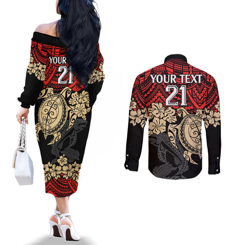 custom-dolphins-rugby-couples-matching-off-the-shoulder-long-sleeve-dress-and-long-sleeve-button-shirt-reddy-hibiscus-and-turtle-with-polynesian-pattern