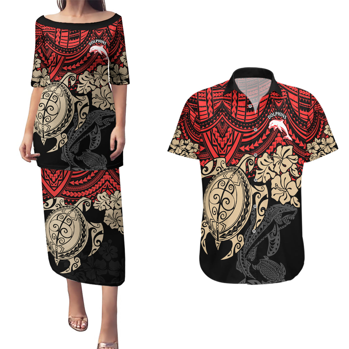 custom-dolphins-rugby-couples-matching-puletasi-dress-and-hawaiian-shirt-reddy-hibiscus-and-turtle-with-polynesian-pattern