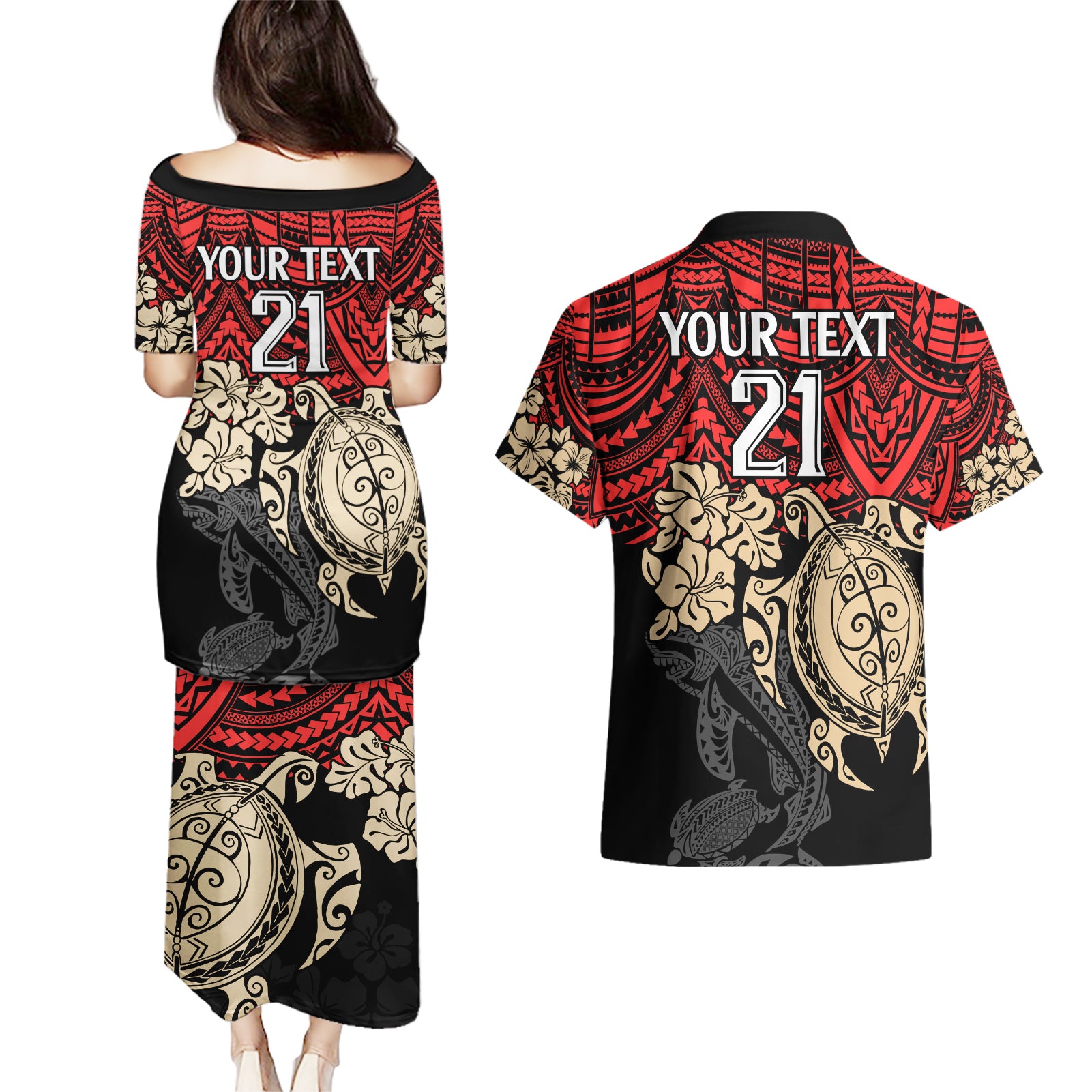 custom-dolphins-rugby-couples-matching-puletasi-dress-and-hawaiian-shirt-reddy-hibiscus-and-turtle-with-polynesian-pattern