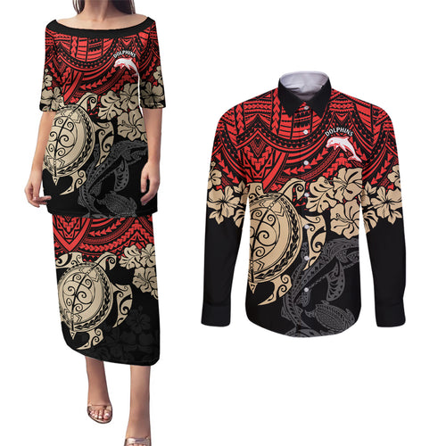 custom-dolphins-rugby-couples-matching-puletasi-dress-and-long-sleeve-button-shirt-reddy-hibiscus-and-turtle-with-polynesian-pattern
