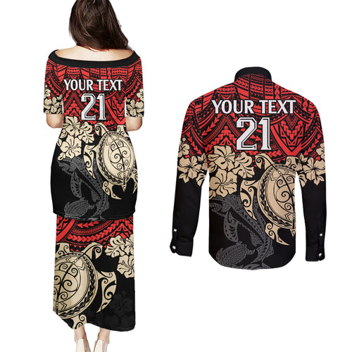 custom-dolphins-rugby-couples-matching-puletasi-dress-and-long-sleeve-button-shirt-reddy-hibiscus-and-turtle-with-polynesian-pattern
