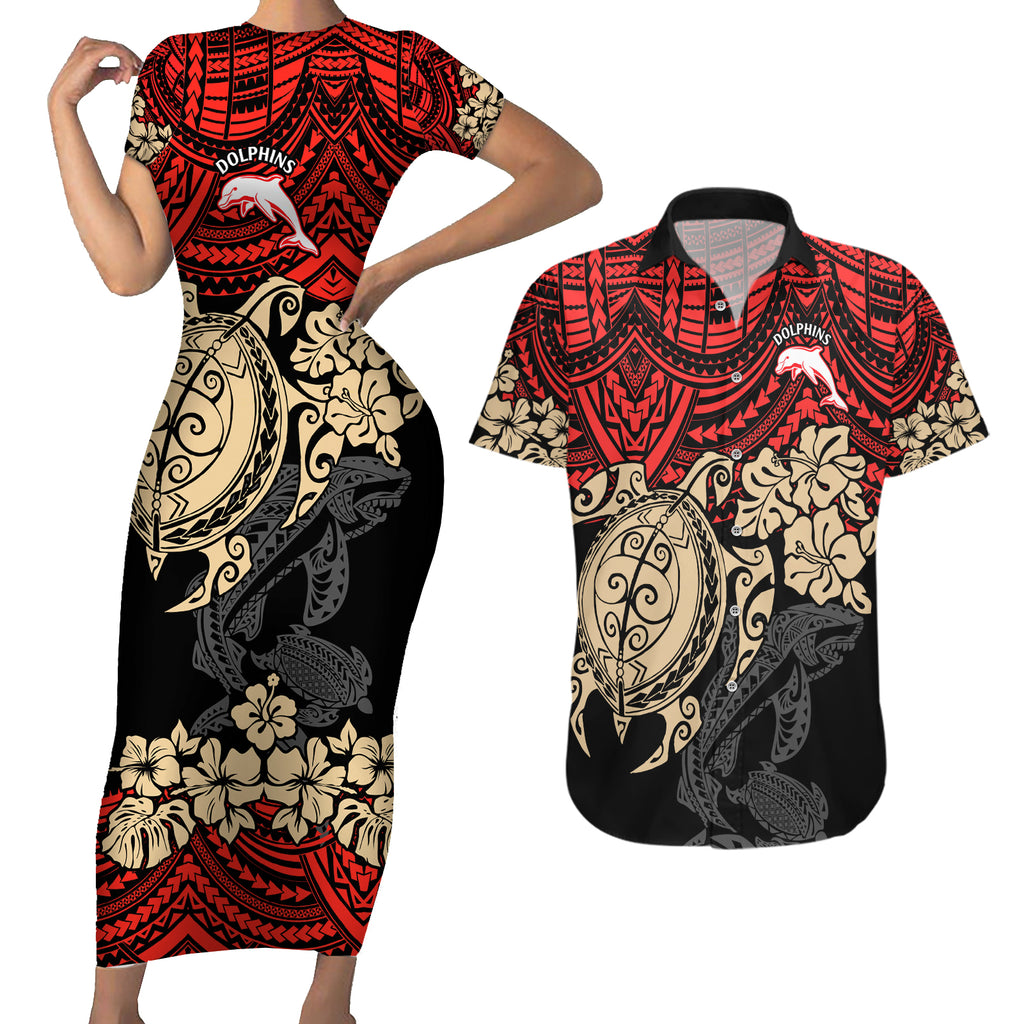 custom-dolphins-rugby-couples-matching-short-sleeve-bodycon-dress-and-hawaiian-shirt-reddy-hibiscus-and-turtle-with-polynesian-pattern