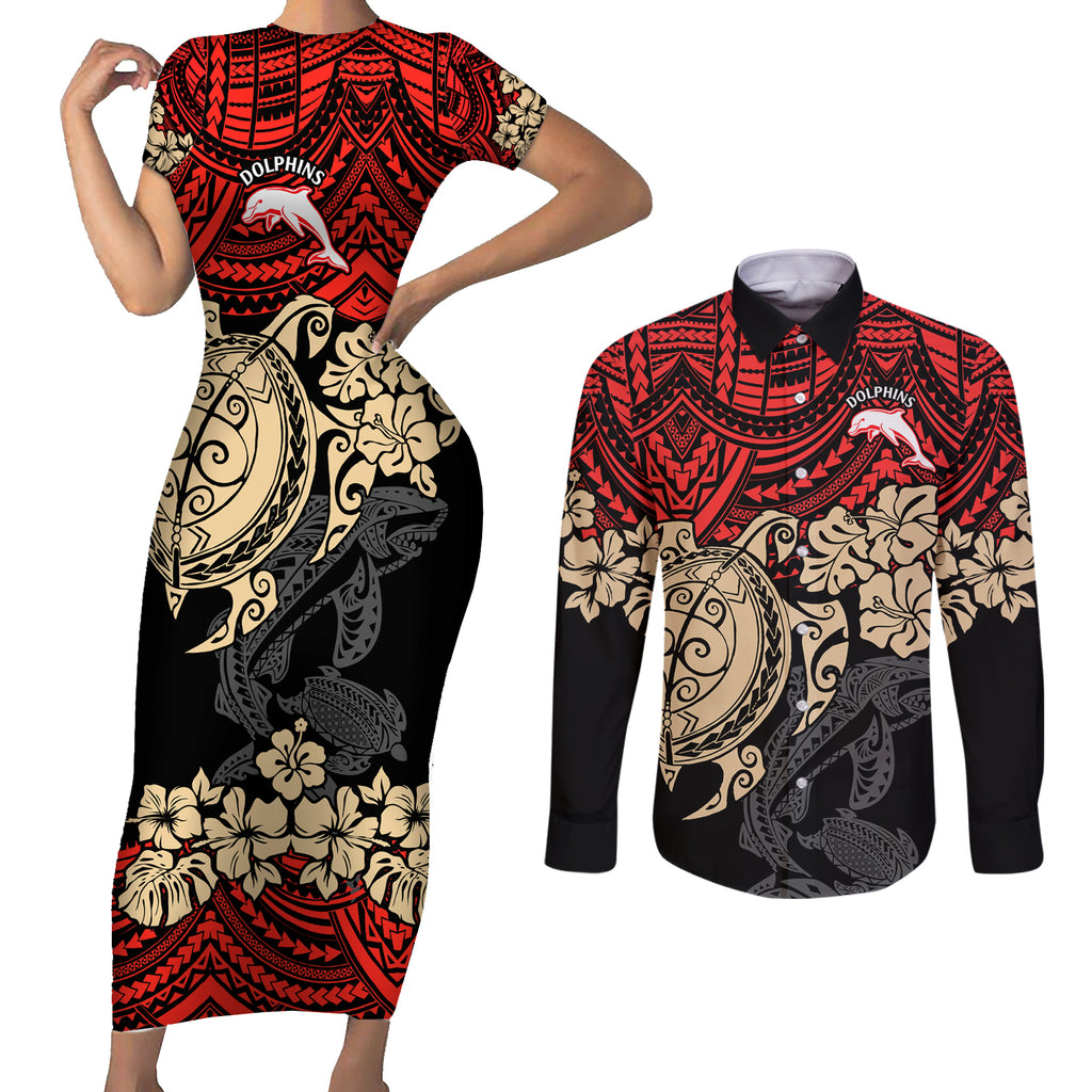 custom-dolphins-rugby-couples-matching-short-sleeve-bodycon-dress-and-long-sleeve-button-shirt-reddy-hibiscus-and-turtle-with-polynesian-pattern