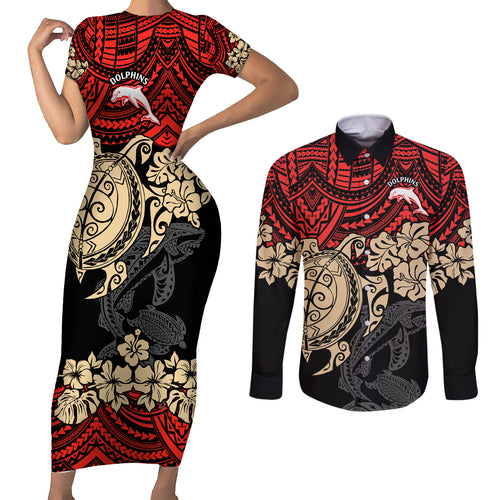 custom-dolphins-rugby-couples-matching-short-sleeve-bodycon-dress-and-long-sleeve-button-shirt-reddy-hibiscus-and-turtle-with-polynesian-pattern