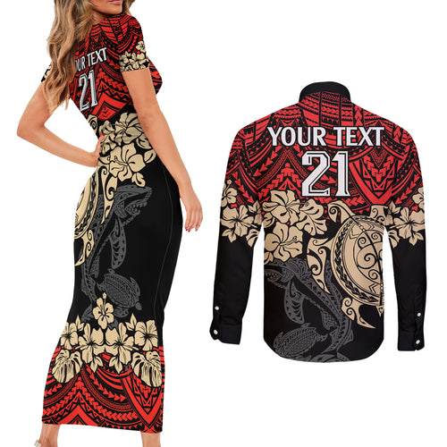 custom-dolphins-rugby-couples-matching-short-sleeve-bodycon-dress-and-long-sleeve-button-shirt-reddy-hibiscus-and-turtle-with-polynesian-pattern