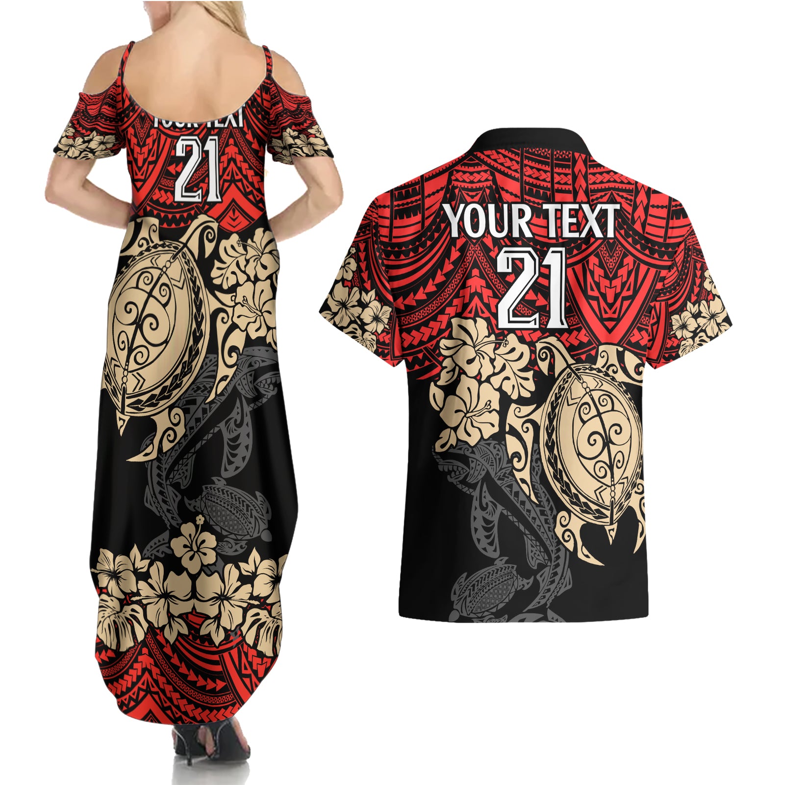 custom-dolphins-rugby-couples-matching-summer-maxi-dress-and-hawaiian-shirt-reddy-hibiscus-and-turtle-with-polynesian-pattern