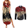 custom-dolphins-rugby-couples-matching-summer-maxi-dress-and-long-sleeve-button-shirt-reddy-hibiscus-and-turtle-with-polynesian-pattern