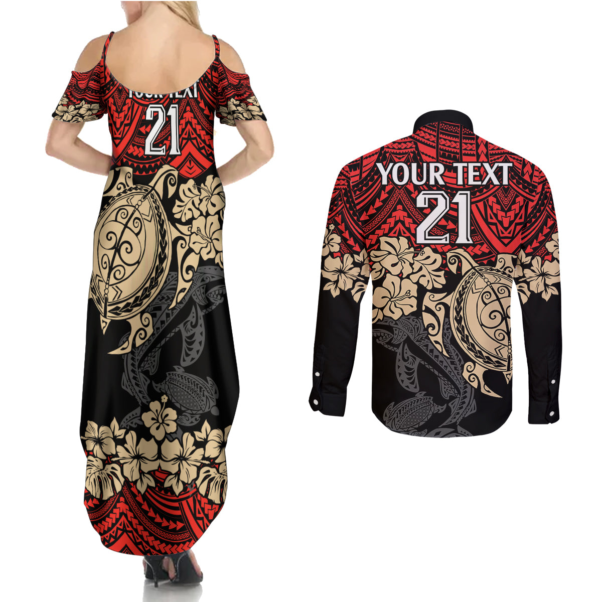 custom-dolphins-rugby-couples-matching-summer-maxi-dress-and-long-sleeve-button-shirt-reddy-hibiscus-and-turtle-with-polynesian-pattern