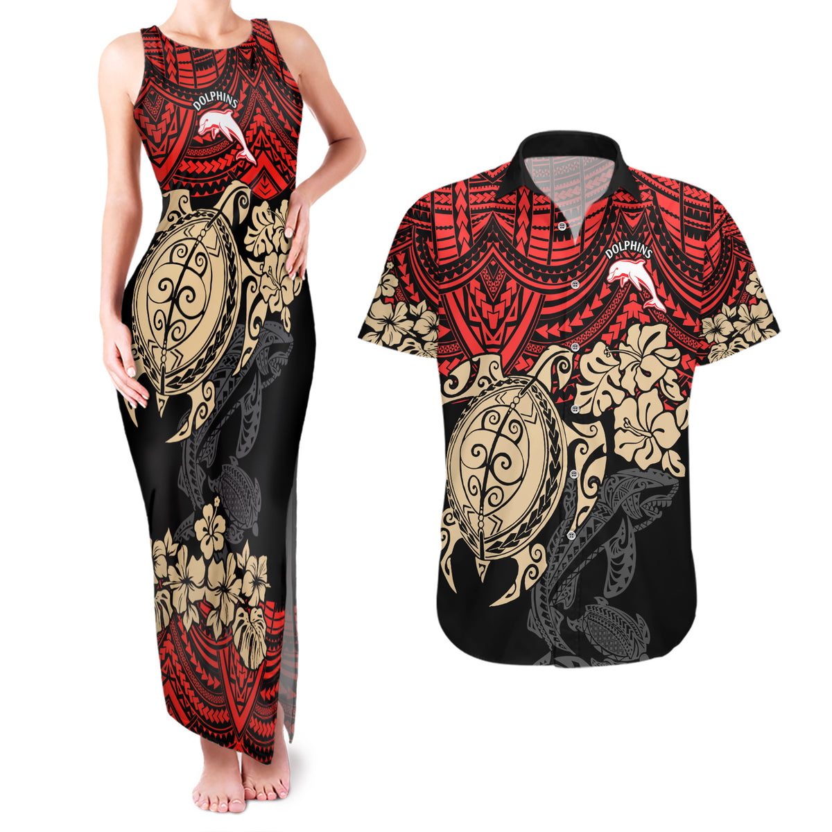 custom-dolphins-rugby-couples-matching-tank-maxi-dress-and-hawaiian-shirt-reddy-hibiscus-and-turtle-with-polynesian-pattern