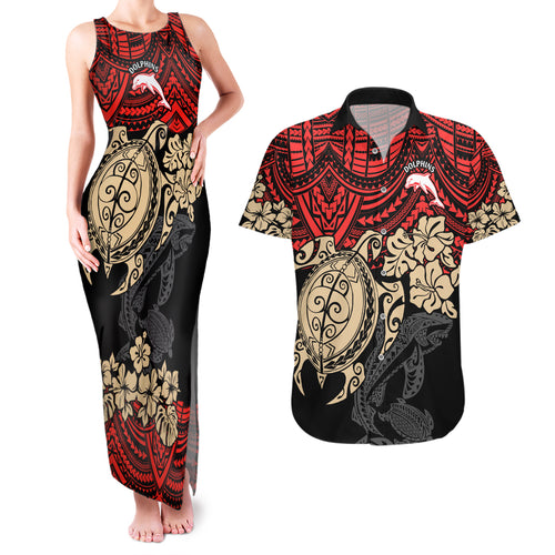 custom-dolphins-rugby-couples-matching-tank-maxi-dress-and-hawaiian-shirt-reddy-hibiscus-and-turtle-with-polynesian-pattern