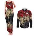 custom-dolphins-rugby-couples-matching-tank-maxi-dress-and-long-sleeve-button-shirt-reddy-hibiscus-and-turtle-with-polynesian-pattern