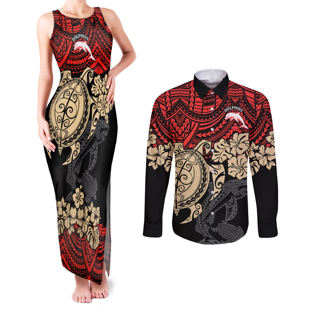 custom-dolphins-rugby-couples-matching-tank-maxi-dress-and-long-sleeve-button-shirt-reddy-hibiscus-and-turtle-with-polynesian-pattern