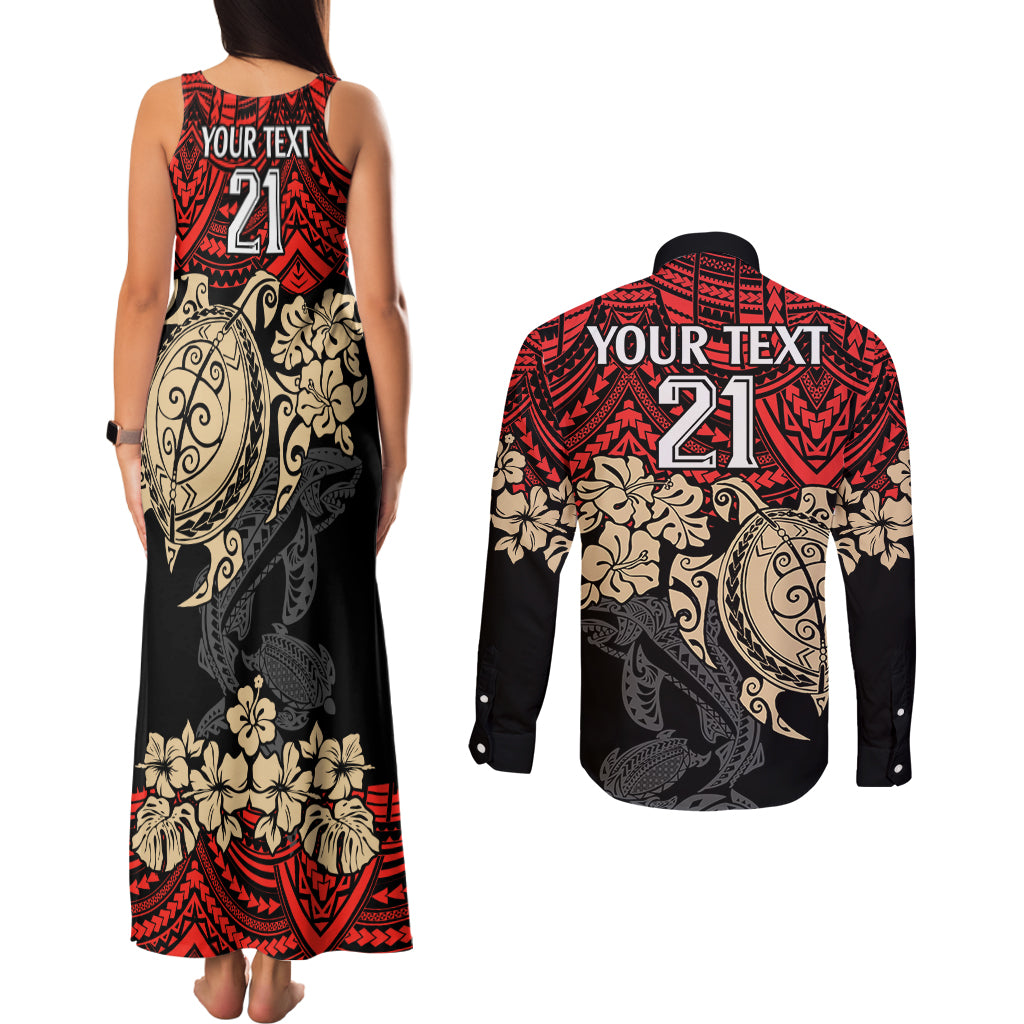 custom-dolphins-rugby-couples-matching-tank-maxi-dress-and-long-sleeve-button-shirt-reddy-hibiscus-and-turtle-with-polynesian-pattern