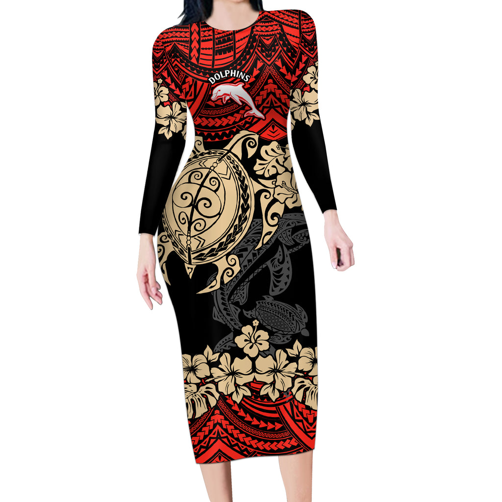custom-dolphins-rugby-long-sleeve-bodycon-dress-reddy-hibiscus-and-turtle-with-polynesian-pattern