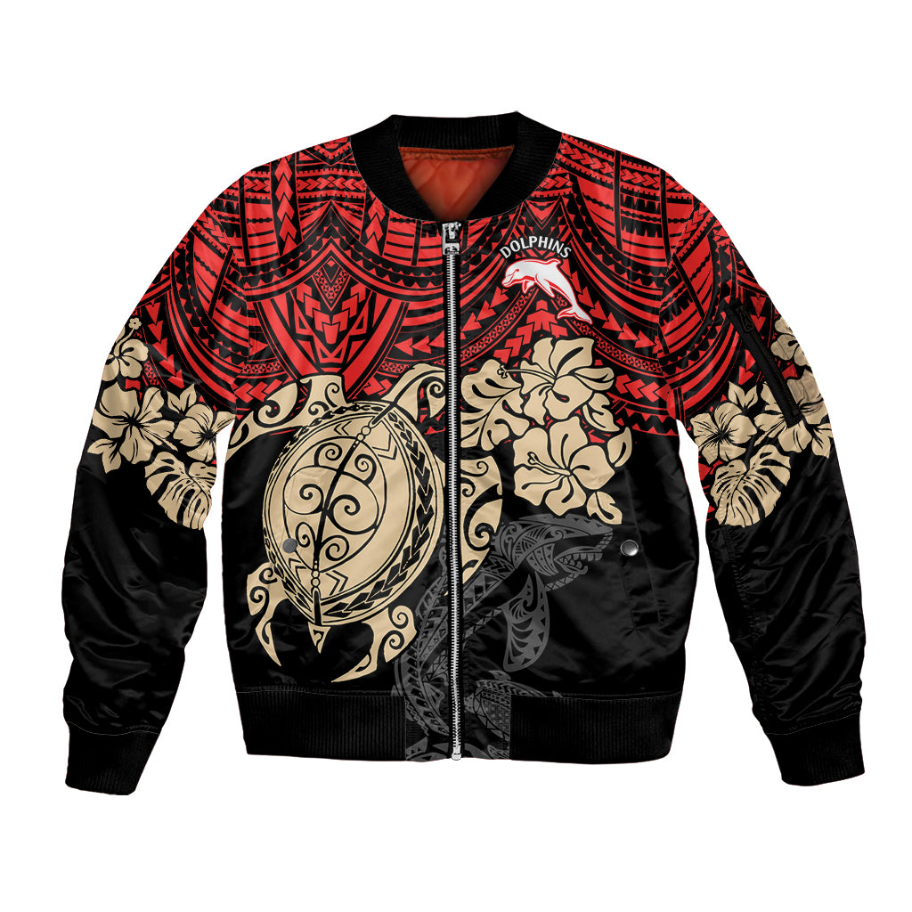 custom-dolphins-rugby-sleeve-zip-bomber-jacket-reddy-hibiscus-and-turtle-with-polynesian-pattern