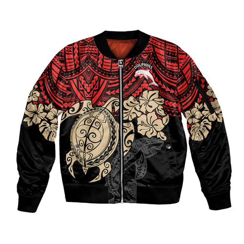 custom-dolphins-rugby-sleeve-zip-bomber-jacket-reddy-hibiscus-and-turtle-with-polynesian-pattern