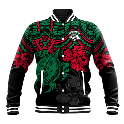 custom-rabbitohs-rugby-baseball-jacket-bunnies-hibiscus-and-turtle-with-polynesian-pattern