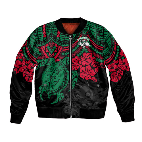 custom-rabbitohs-rugby-bomber-jacket-bunnies-hibiscus-and-turtle-with-polynesian-pattern
