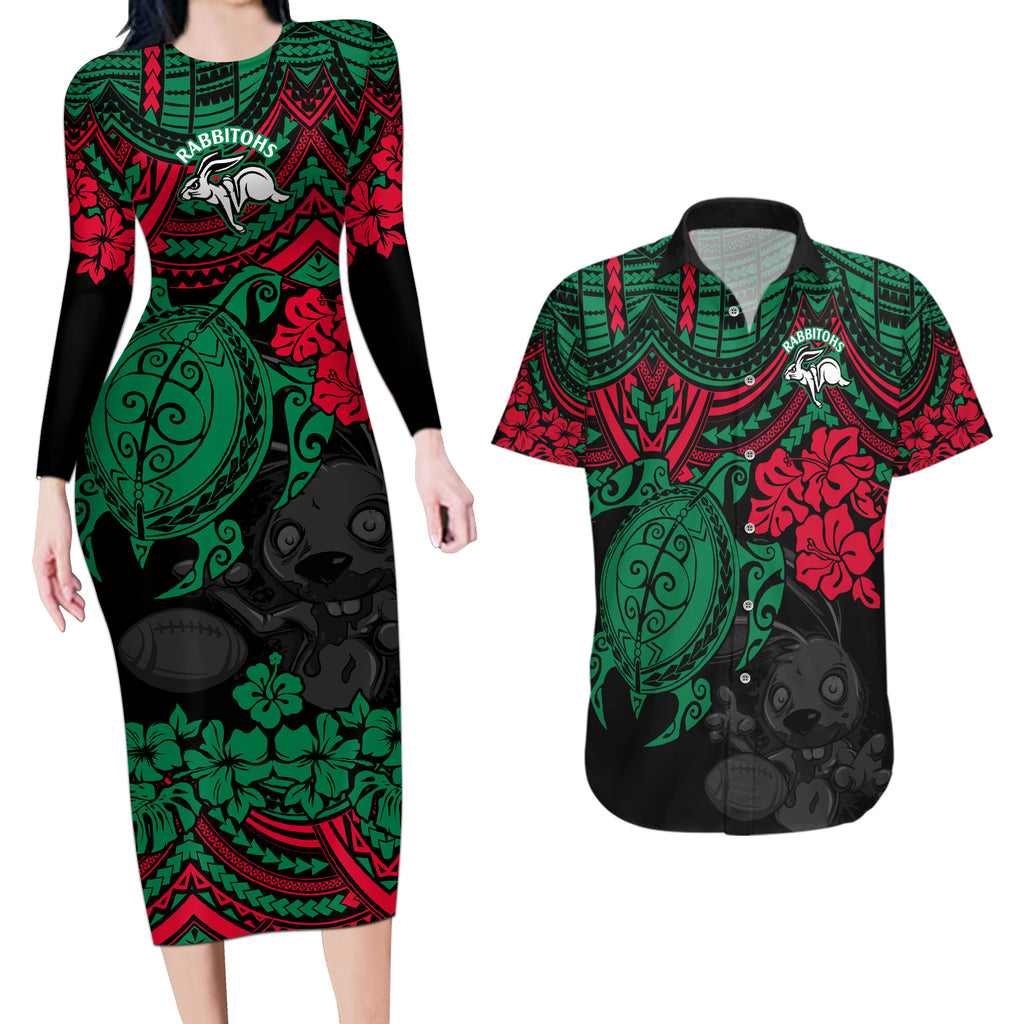 custom-rabbitohs-rugby-couples-matching-long-sleeve-bodycon-dress-and-hawaiian-shirt-bunnies-hibiscus-and-turtle-with-polynesian-pattern